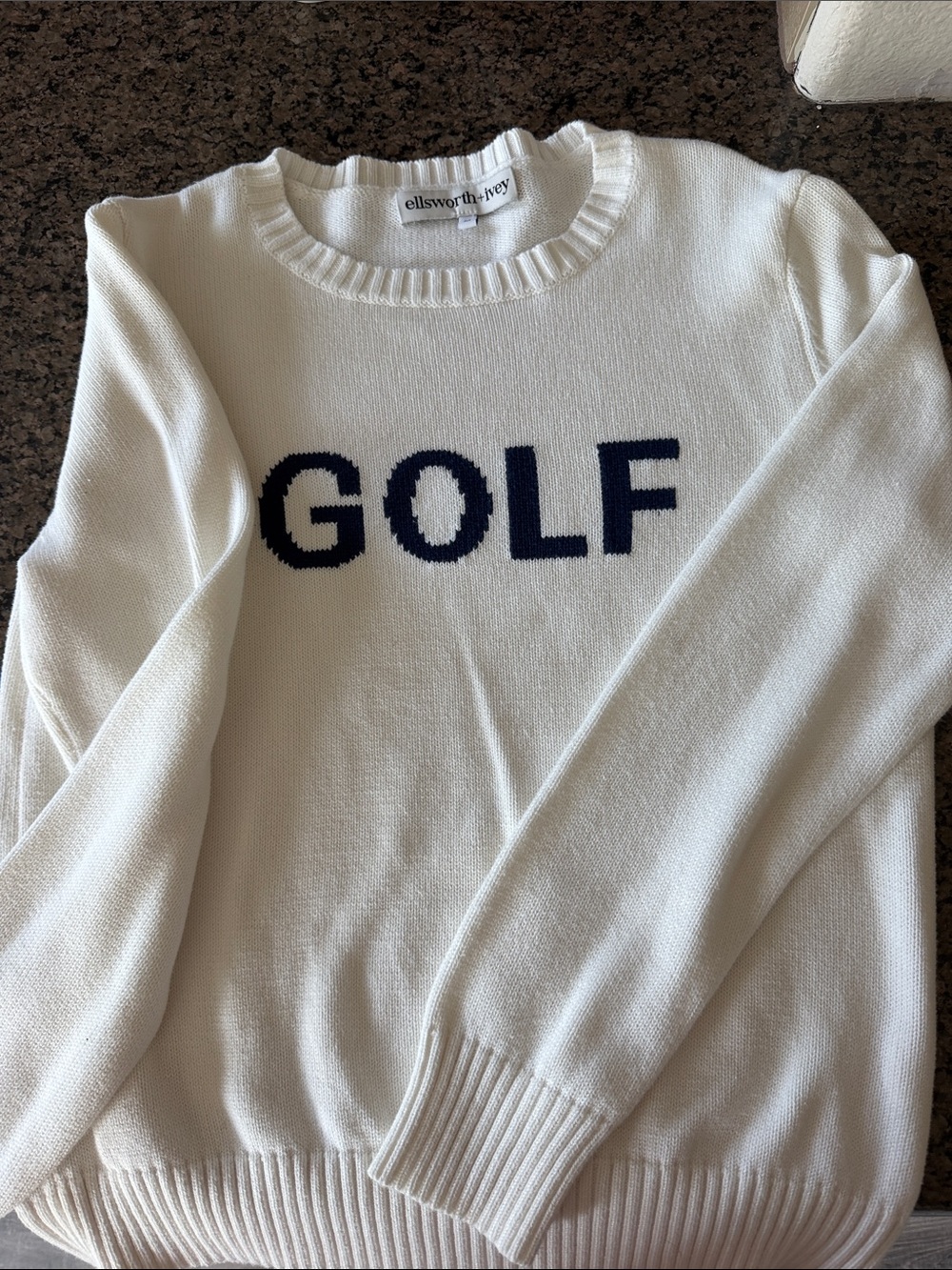 Ellsworth & Ivey White Crewneck Sweater with Navy GOLF Logo